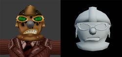 Left: pre-1.3 Derrick Man head, created by Polygon. Right: updated Derrick Man head model, created by Spencer