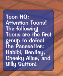 The in-game popup announcing the first Toons to defeat the Pacesetter