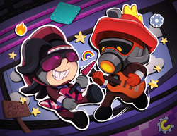 Artwork of the Pacesetter and Firestarter Plushies posted on the Corporate Clash Twitter