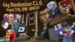 Promotional image for a C.L.O. Gag randomizer event with Clash Partners