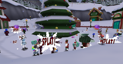 Toons hitting Cogs with snowballs