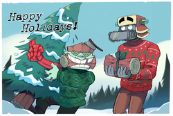 A holiday postcard featuring the Treekiller