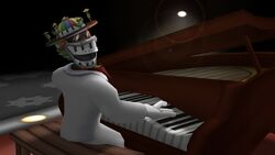 An image of the High Roller playing the piano to promote an update to the High Roller's fight