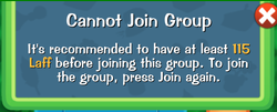 Alert notification of trying to join the special event group that warns the player of their low Laff