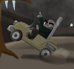 The Chairman driving a golf cart featured in the Bossbot HQ