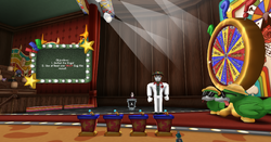 Cogs standing at their podium for the Shuffle minigame